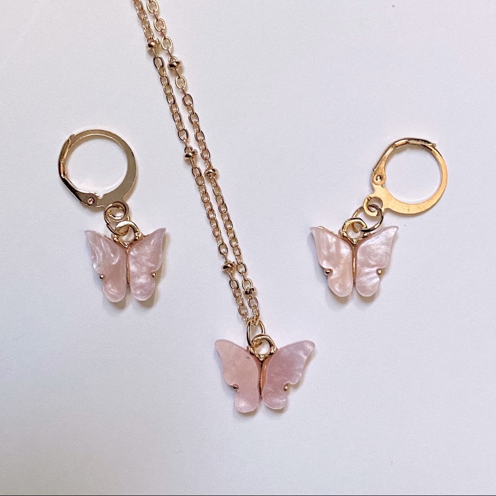 Pink Butterfly Necklace and Earring Set